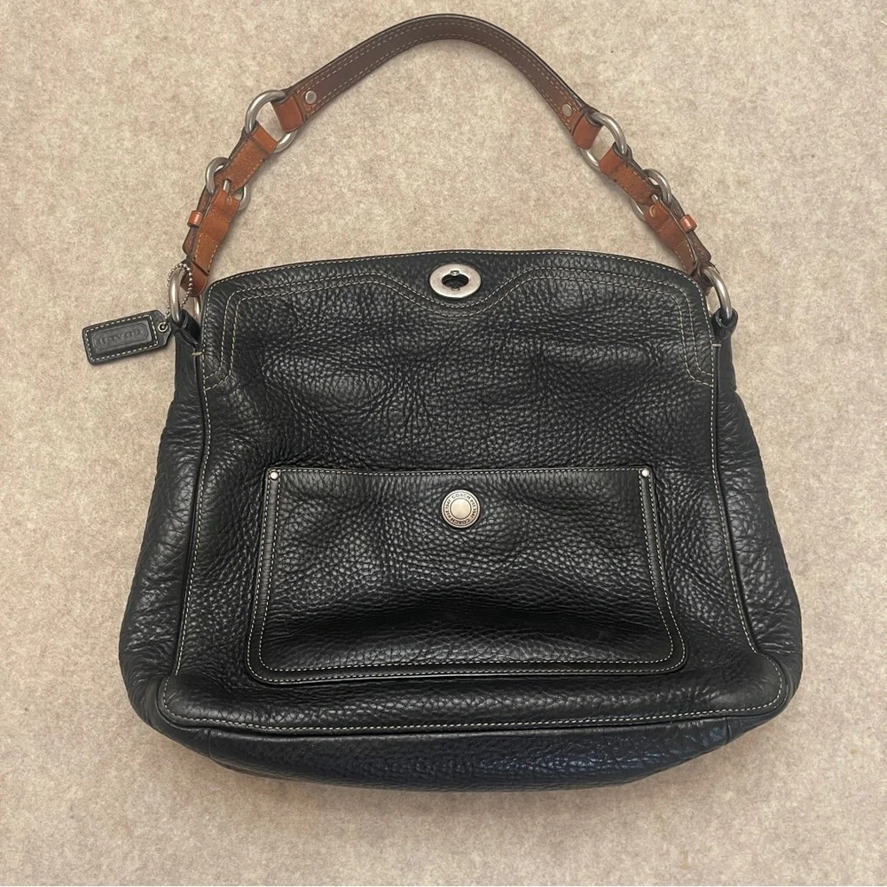 Coach Vintage Y2K Chelsea Turnlock Black Pebbled Leather Hobo Purse Bag w/ Pouch